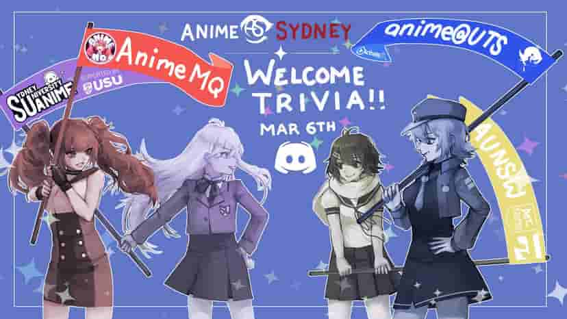 Trivia event poster with all four anime Sydney club mascots waving flags