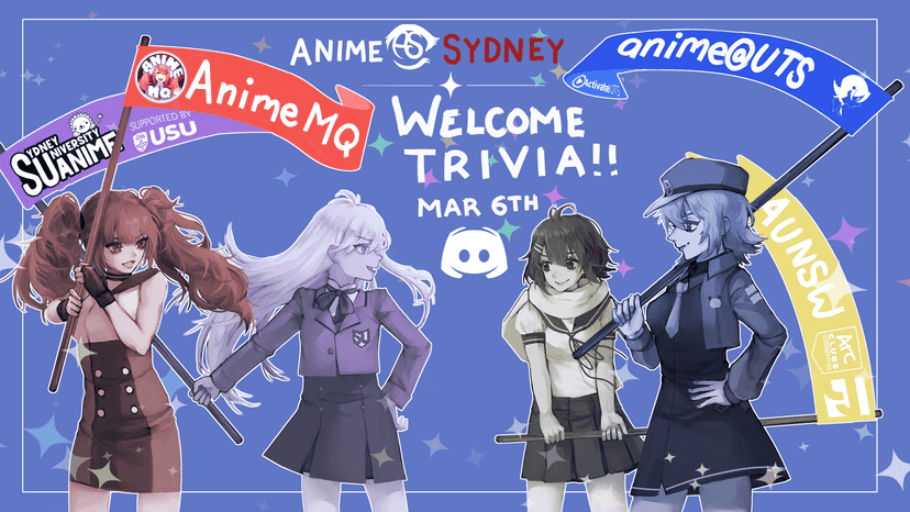Trivia event poster with all four anime Sydney club mascots waving flags